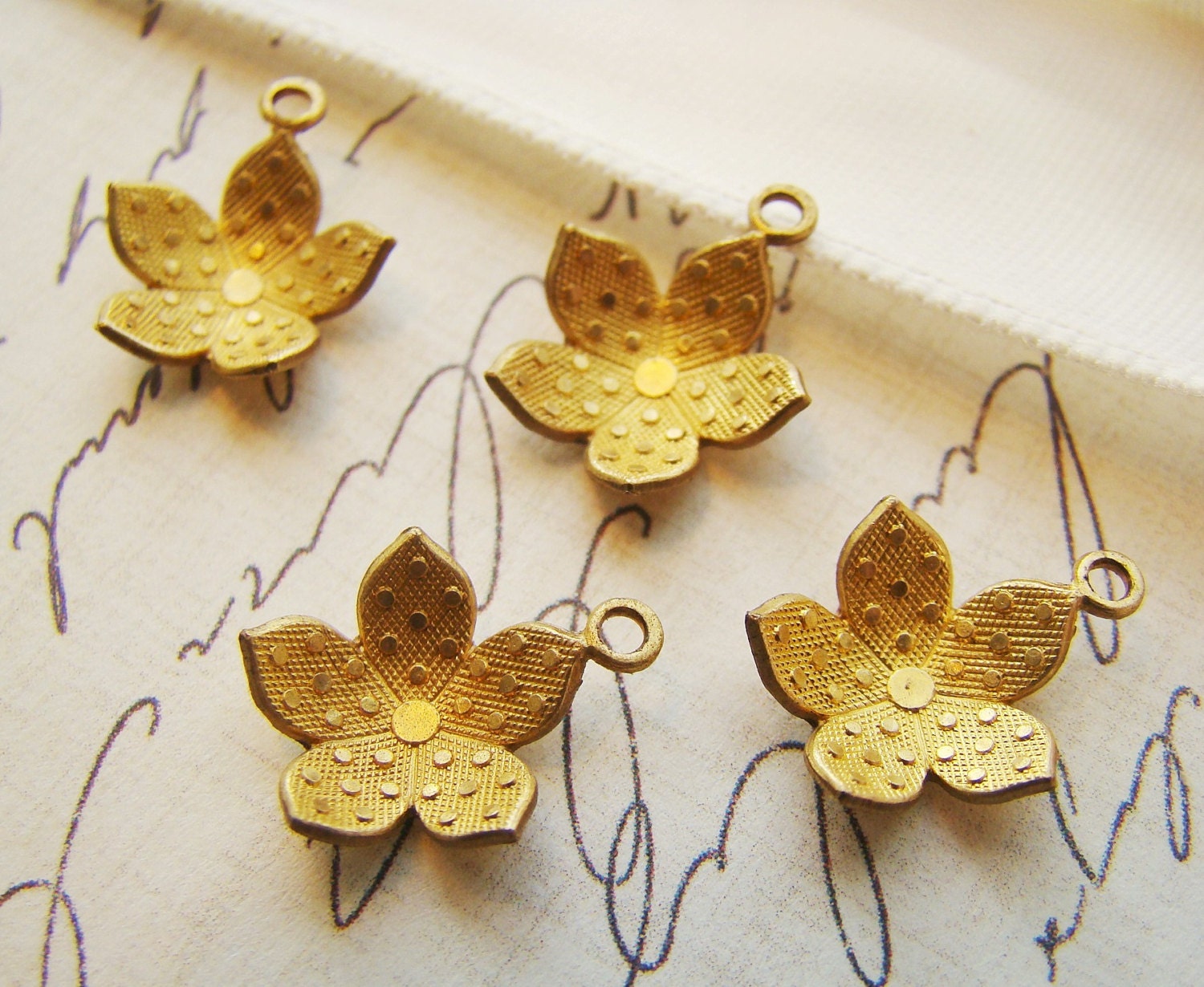 Raw Brass Textured Flower Drop Charm Pendant Finding (6)