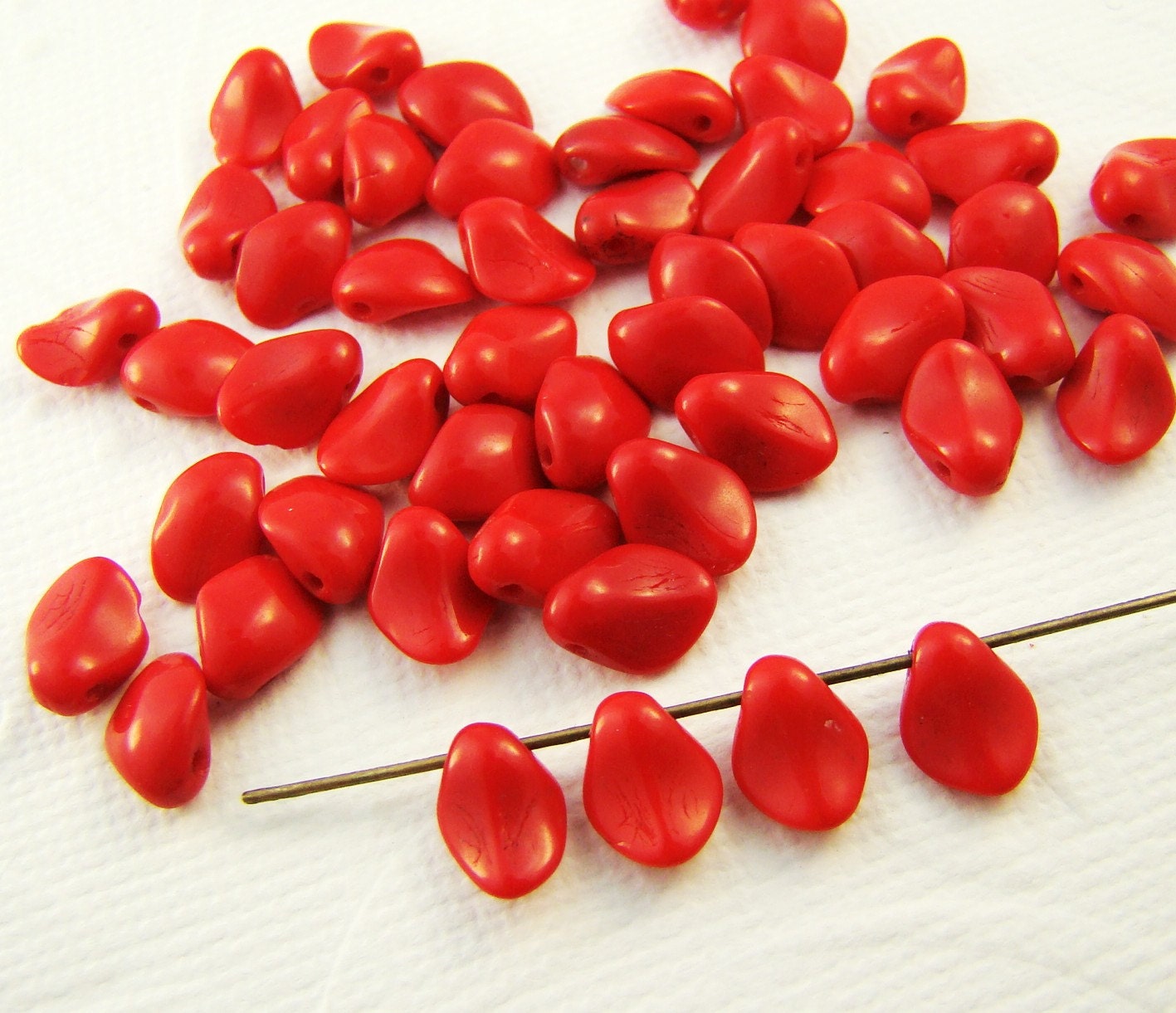 Vintage Cherry Red Czech Glass Petal Beads Drops 8mm (15) - alyssabethsvintage