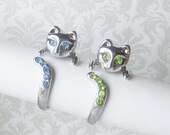 SALE - 3 Kitty Rings - Buy 2 get 1 Free - Beautiful Cat Rings with green/blue crystals.Cat - cat lover - cats - kitty ring - kitten