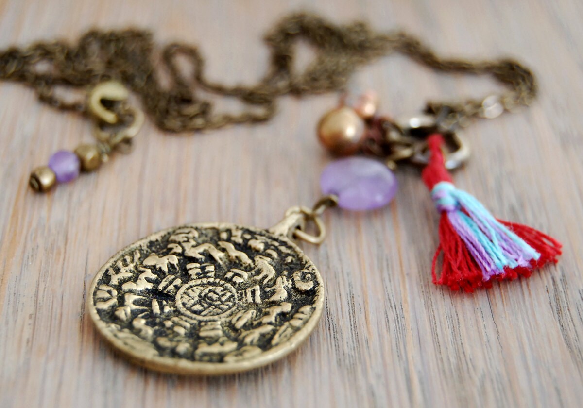 Tibetan calendar and Om pendant necklace - yoga necklace - om jewelry