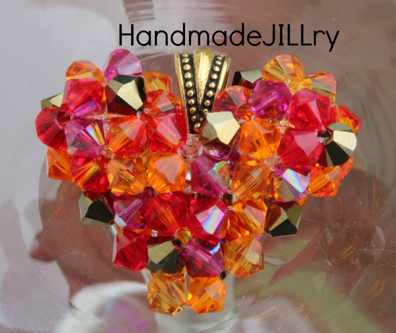 BLAZE Necklace, Swarovski Crystal Floating Heart Necklace, Hot Handmade Bling, Multi Colored Heart Pendant, Fire Blaze