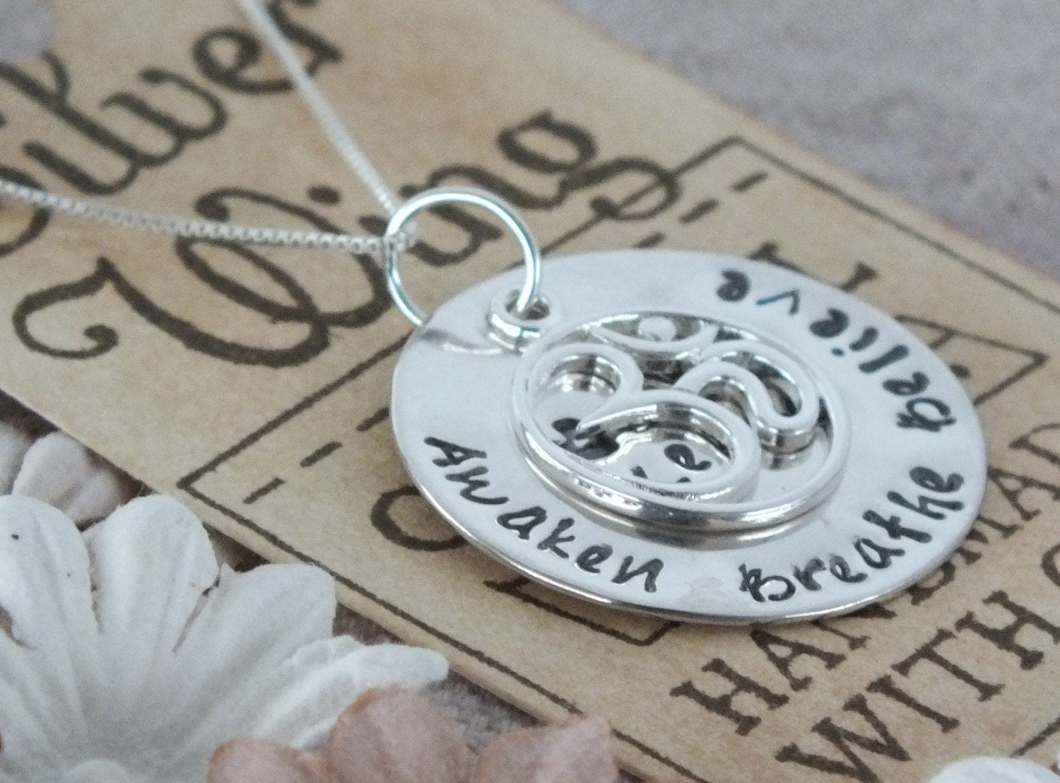 Breathe Om Charm Necklace - sterling silver handmade yoga jewelry - zen gift