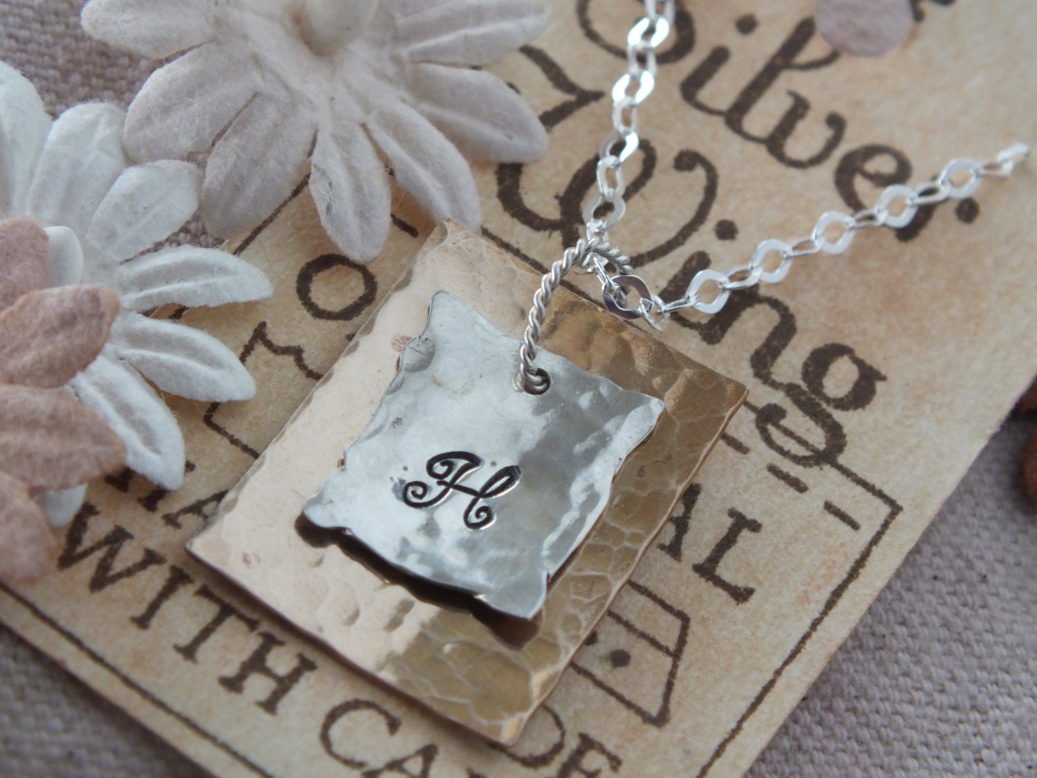 Initial Necklace, Hand Stamped Necklace, Personalized Jewelry, mixed metal Necklace, Sterling Silver & gold, Friend gift