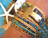 Have Faith - Boho Chic Endless Leather, Crystals Antiqued Gold Cross and Chain Wrap Beaded Bracelet...Ocean Paradise