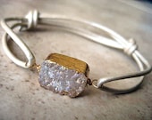 Tiny Treasures - Leather Adjustable Drusy Quartz Bracelet 14K Gold Filled