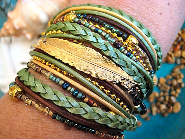 Boho Chic Endless Leather Wrap Sage Beaded Bracelet with Floating Gold Feather..Adjustable.."FREE SHIPPING"