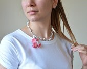 Handmade Grey White Natural Stone, Pink and Grey Flowers, Crochet Necklace, Beadwork