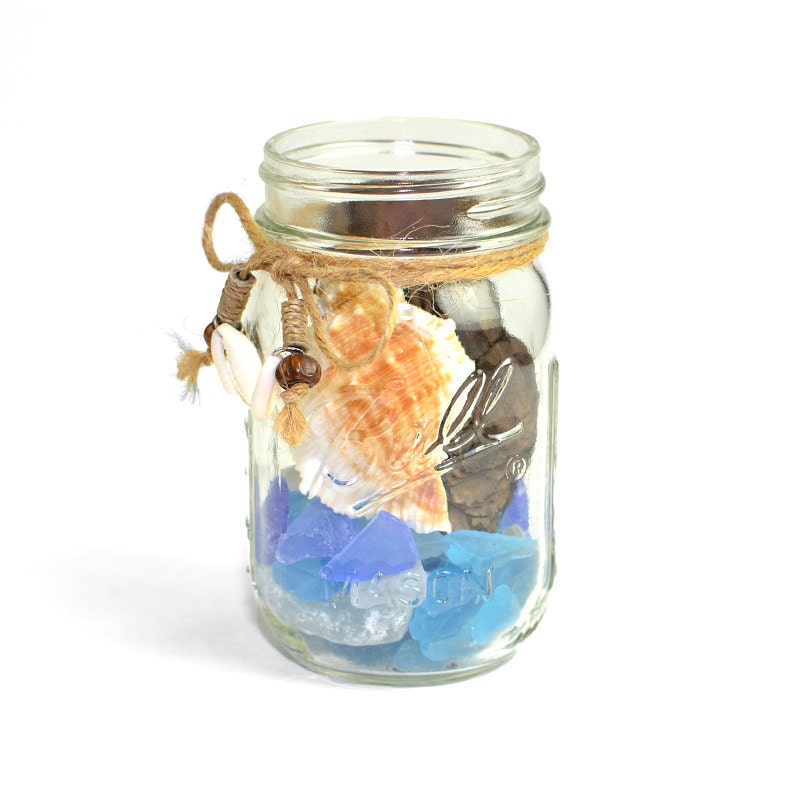 Vintage Ball Mason Jar, DIY Upcycled Nautical Beach Scene Kit - Blue Sea Glass, Shell - Home Decor, Wedding Accent or Gift Idea - Jar Scape