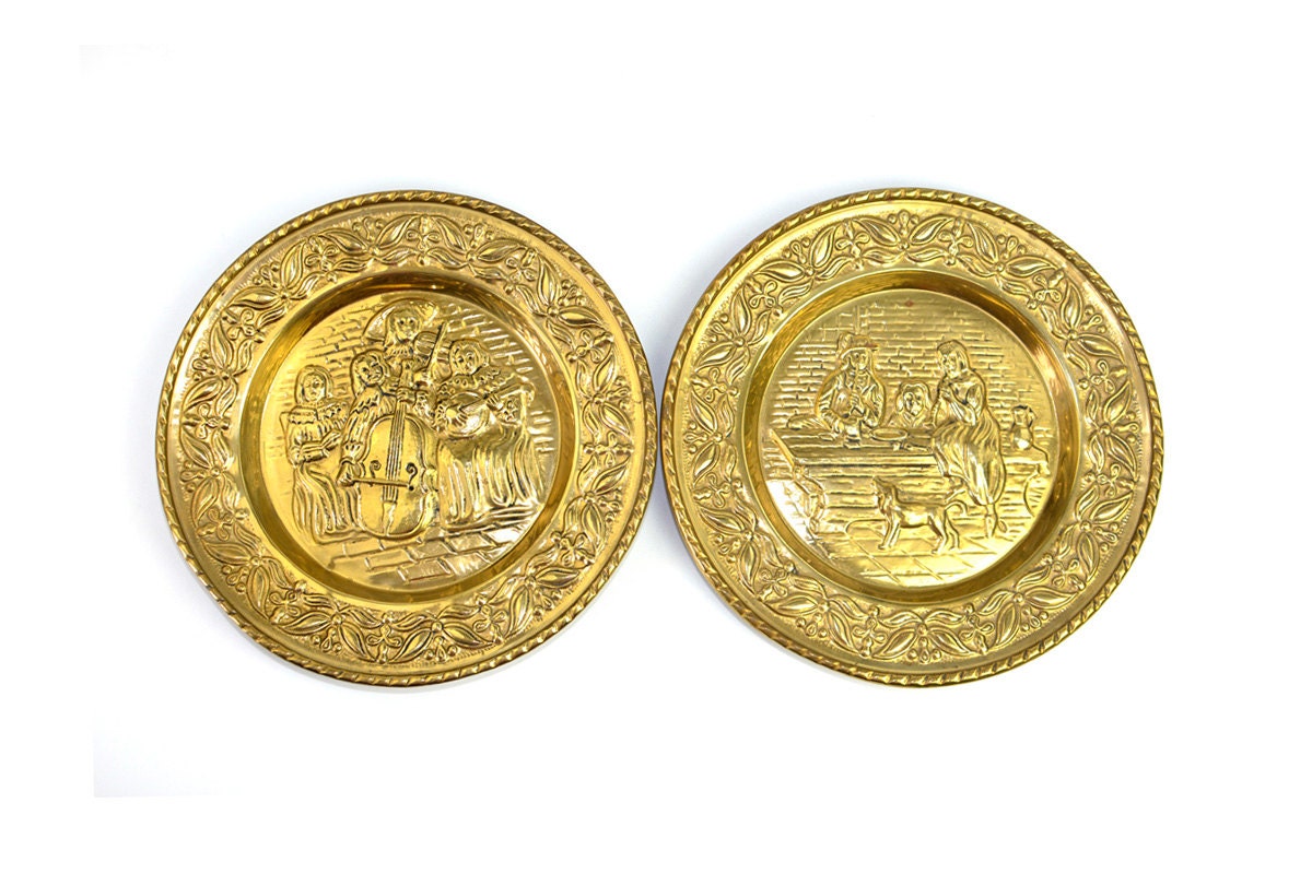 Gold Tin Wall Plates - Musical European Renaissance Embossed Relief Art Mantle Pieces - Aged, Rustic Patina - Vintage Home Decor