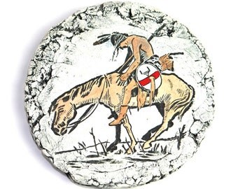 Native American Art - "End Of The Trail" Stone Carving, Hand Painted - Santa Fe, New Mexico Souvenir - Vintage Wall Art Decor