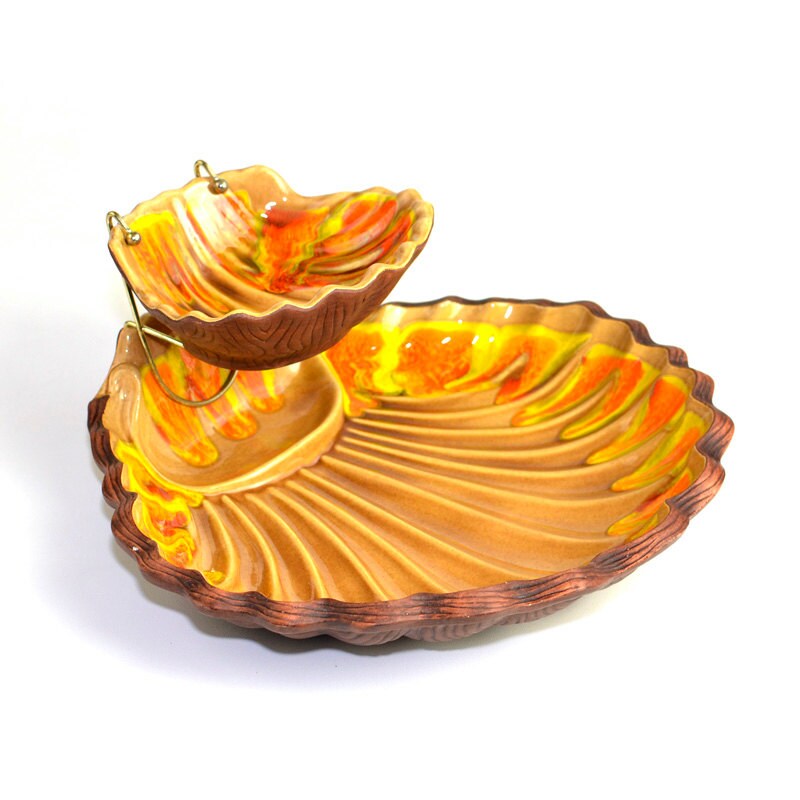 Sequoia Ware Platter & Dip Bowl Set - Gorgeous, Bright Yellow, Orange Drip Glaze, California Pottery Style - Vintage Kitchen Serving
