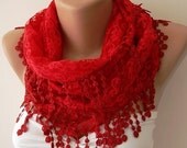 NEW- Mothers Day Gift  Red - Lace Shawl/ Scarf - Headband with Lace Edge size large