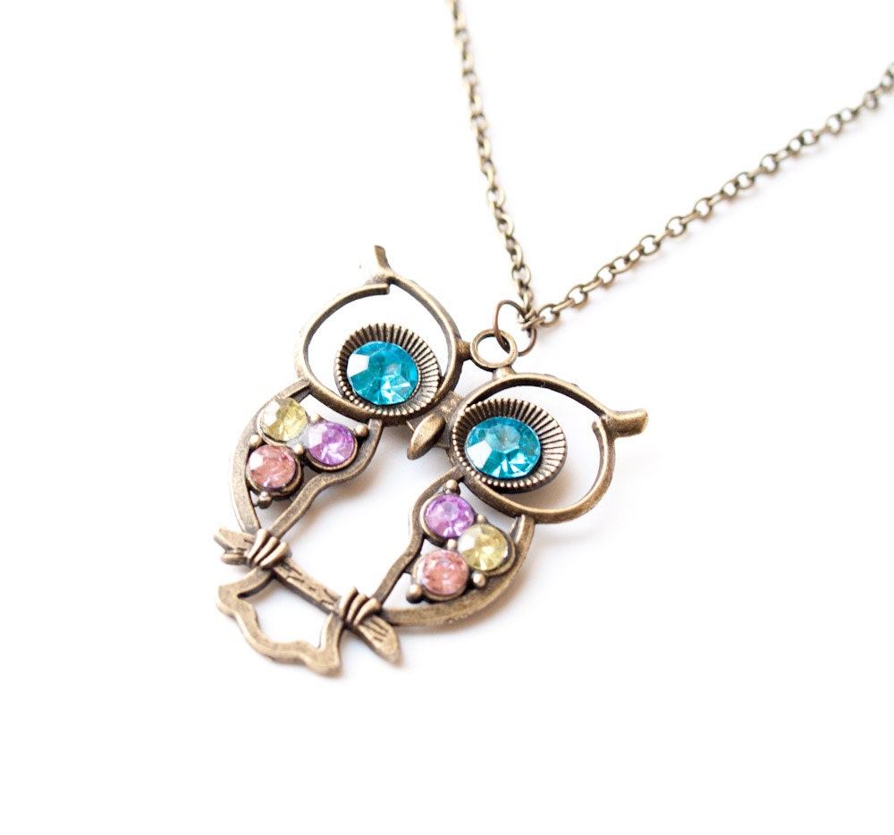 Colorful Owl Necklace, Long Owl necklace