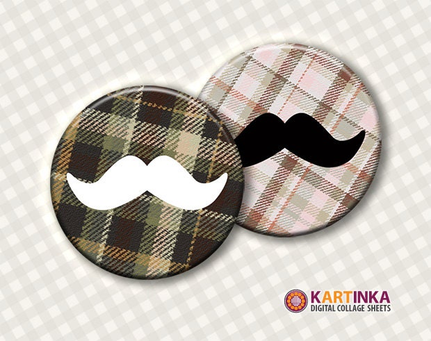 2 inch circle MUSTACHE on PLAID - Digital Collage Sheet, Printable images - for Pocket Mirrors Magnets - Paper Weights - Large Earrings