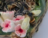 Tea Light Candle Holder / Incense Burner w/Sculpted Honey Bee, Ladybugs, Flowers & Leaves.