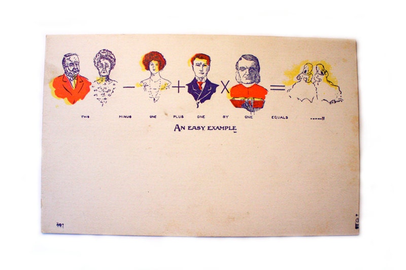 Vintage Postcard: An Easy Example The Whole Family Two Minus One Plus One By One Equals .........