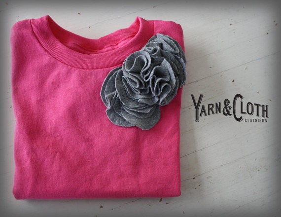 Bright Pink Tee Shirt with Heather Gray Embellished Flowers