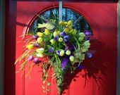 TULIPS SPRING EASTER Door Arrangement Wreath, Moss Covered Basket, Purple & Yellow Tulips
