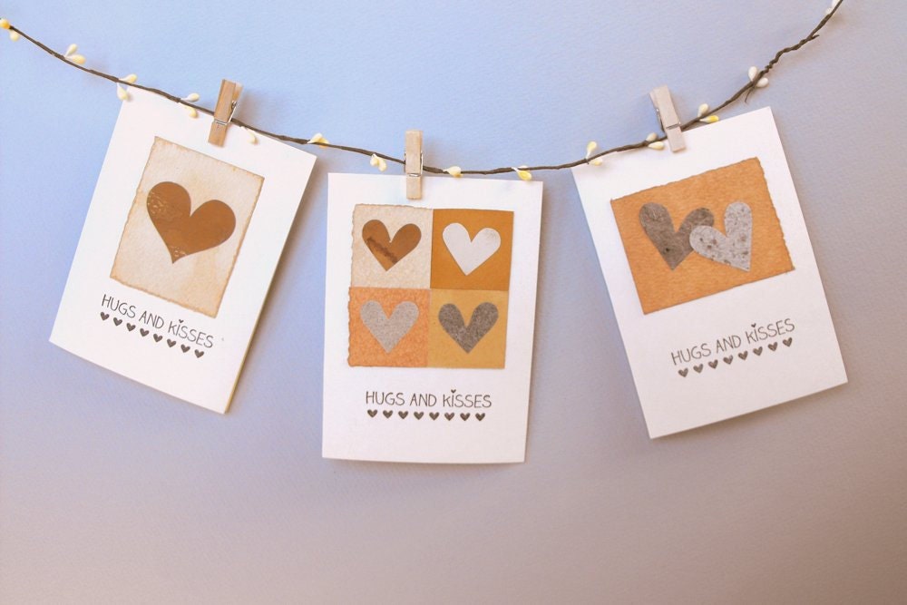 HANDMADE GREETING CARDS- Heart Cards- Love cards-Wedding cards-Hugs and Kisses Cards-set of 3