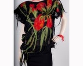 Red Poppy Flowers Nuno Felted Dress wool jersy L size
