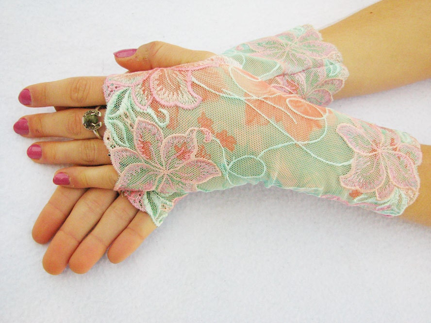Fingerless Lace Gloves: Pastel floral,  Hawaiian Hibiscus,mint,  flowers, pink, aqua, mint, lace, Summer - SeamstressbytheSea