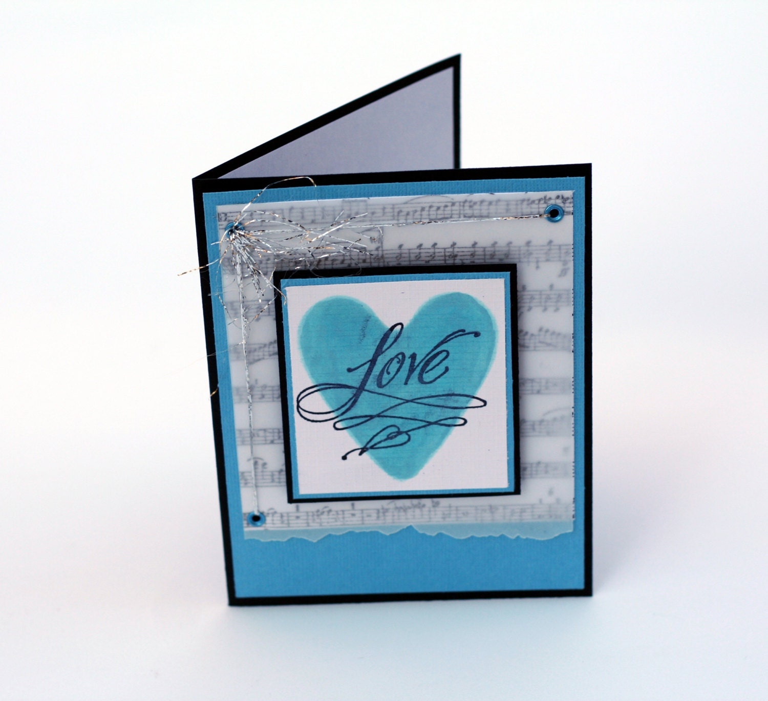 Blue Heart I love you note card, romantic birthday card, turquoise anniversary card, music score, blank cards, hand stamped greeting card