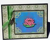 Pink Water Lily note card, Lotus flower Dragonfly Charm, Green Victorian style water Garden,