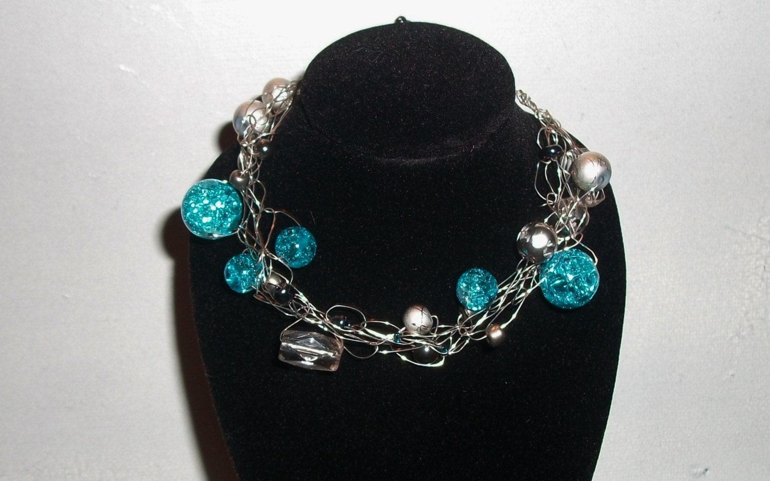Blue and Silver wire crocheted beaded Jewelry bracelet