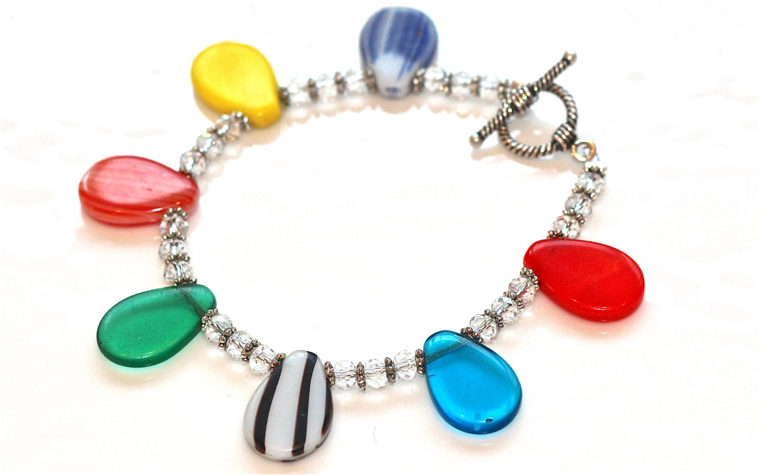 Antique Mali Wedding Trade Glass Bead Crystal Teardrop Beadwork  Bali Silver Toggle Bracelet  Red Blue Green
