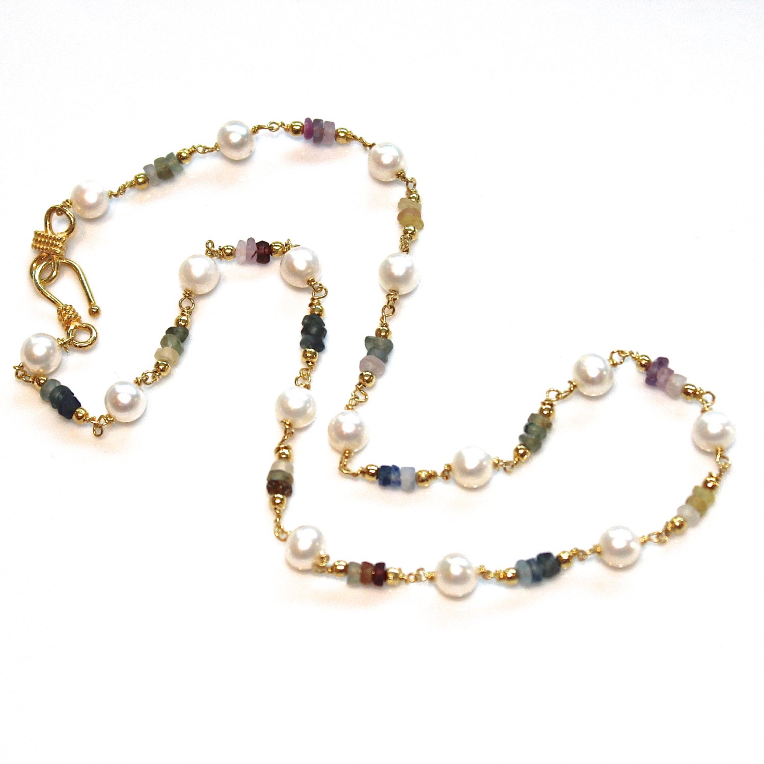 Ombre Sapphire Necklace Pastel Colors Freshwater Pearl Necklace Rainbow Gold Vermeil 15" Summer Jewelry