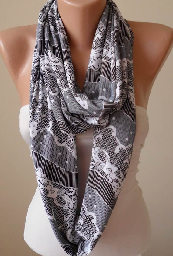 Gray and White Infinity Scarf - Jersey Fabric