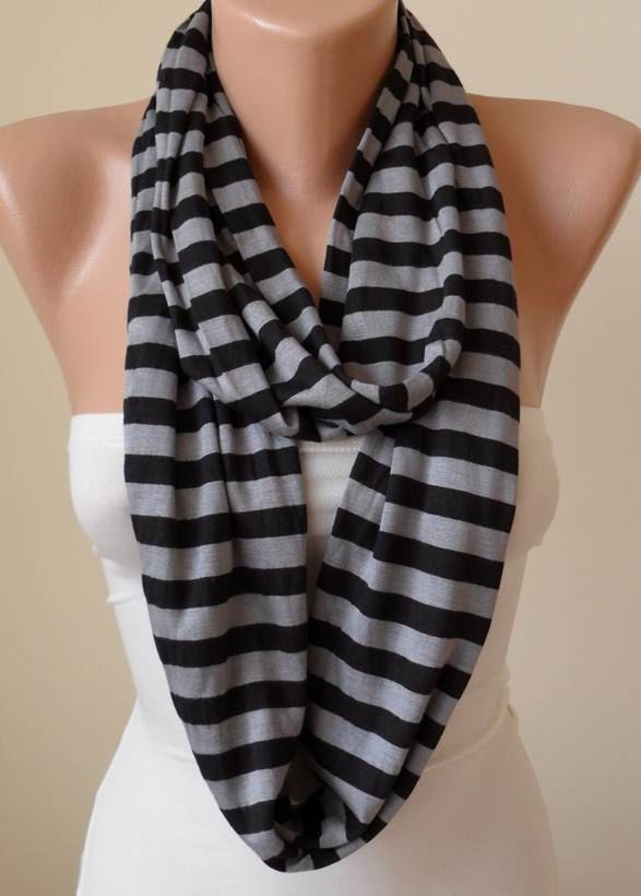 New - Black and Gray Striped Infinity - Circle -  Loop Scarf - Combed Cotton Fabric