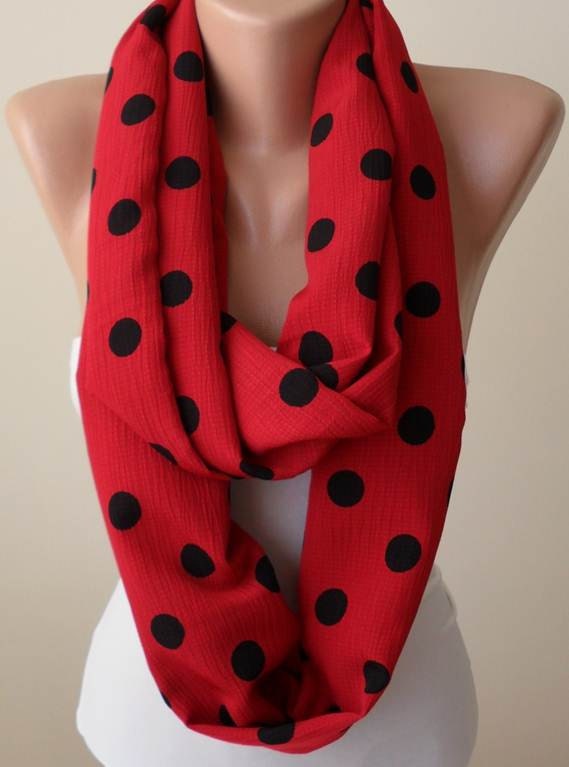 Red and Black Polka Dots Infinty Scarf - Soft Cotton Fabric