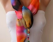 New - Multicolor - Chiffon Jewelry Scarf with Beads and Chain