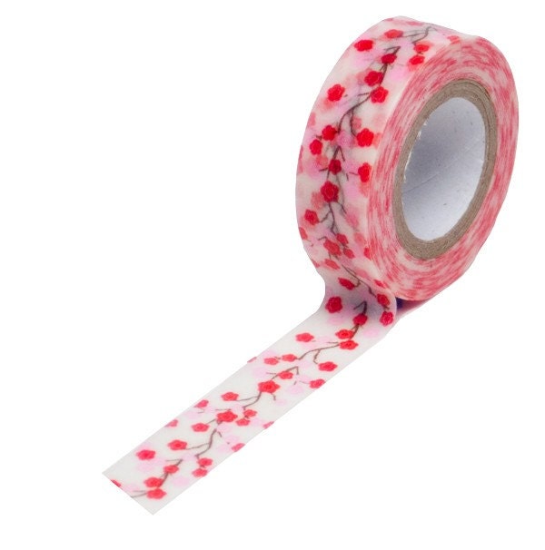 Washi Tape Trendy Tape - Cherry Blossom Red Pink Trendy Paper Packaging Tape - 10 yards Valentines