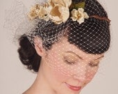 Wedding Headpiece - French Birdcage Bridal Veil & Floral Crown - Cream Flowers w/ Pearl and Crystal Centers