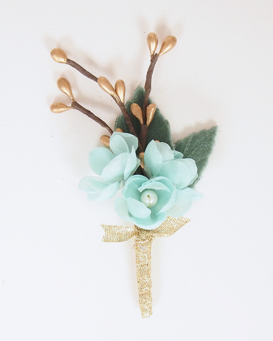 Handmade Silk Flower Wedding Boutonniere - Mint Green, Pale Aqua & Gold - Keepsake for Groom or Groomsmen - Buttonhole, Lapel Pin
