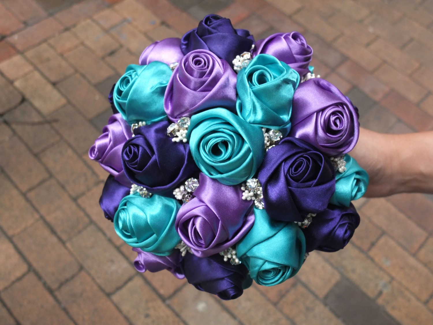 Handmade Ribbon Rose Bouquet- Purple & Teal Flower accented with rhinestone (Large, 8-9 inch)