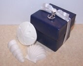 Navy Blue Favor Box with Chocolate Shells and Anchor Charm for Nautical Wedding or Party