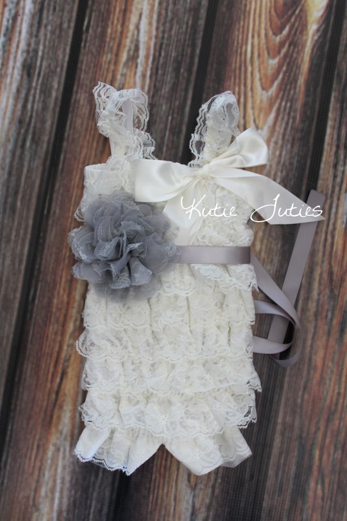 The Gray Elegance Romper & Sash- Ivory and Gray Outfit, Cake Smash, Birthday, Baby, Girl, Newborn