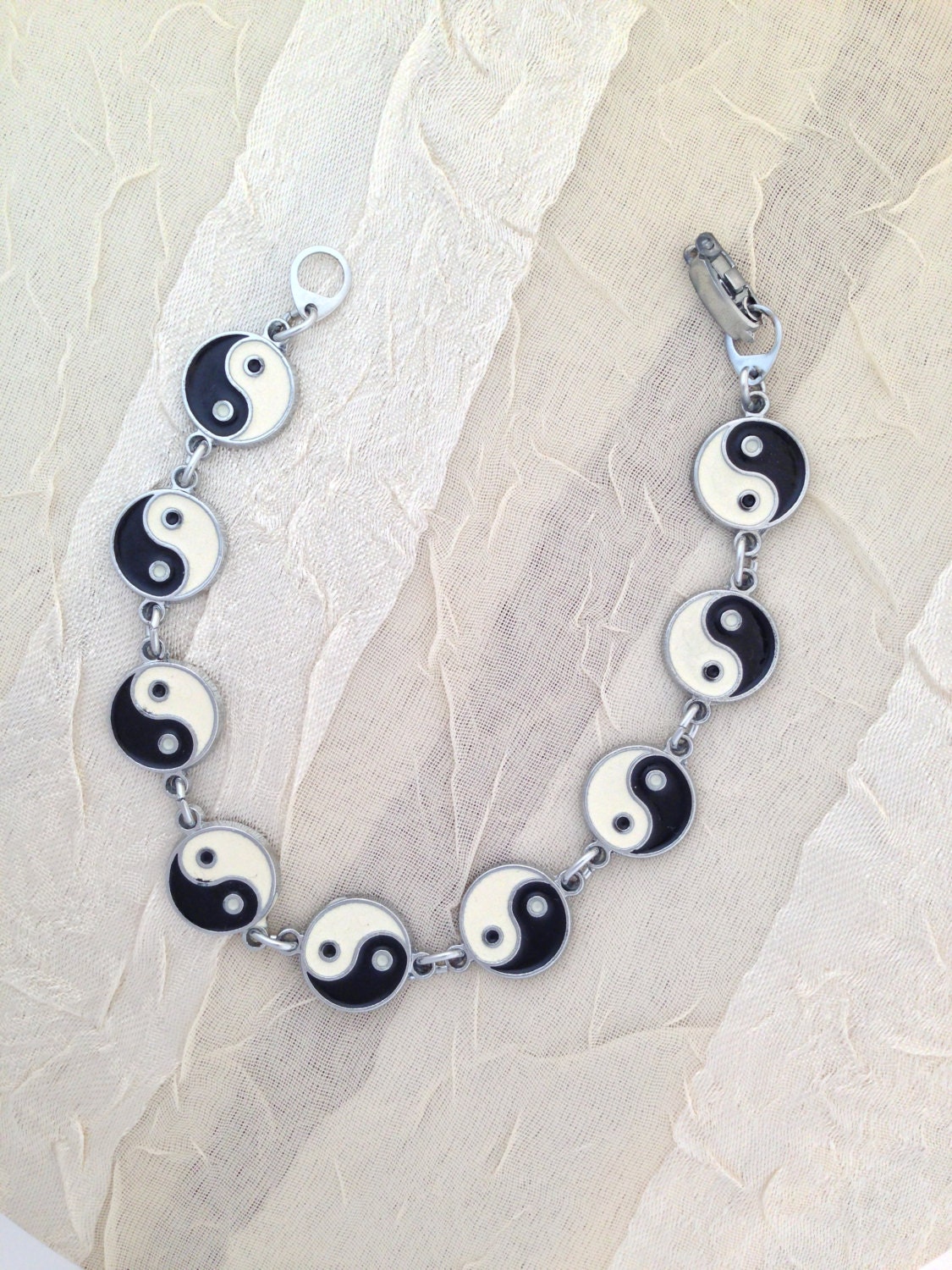 Vintage Yin Yang Bracelet From Asia White Black Silver Enamel c. 1970s