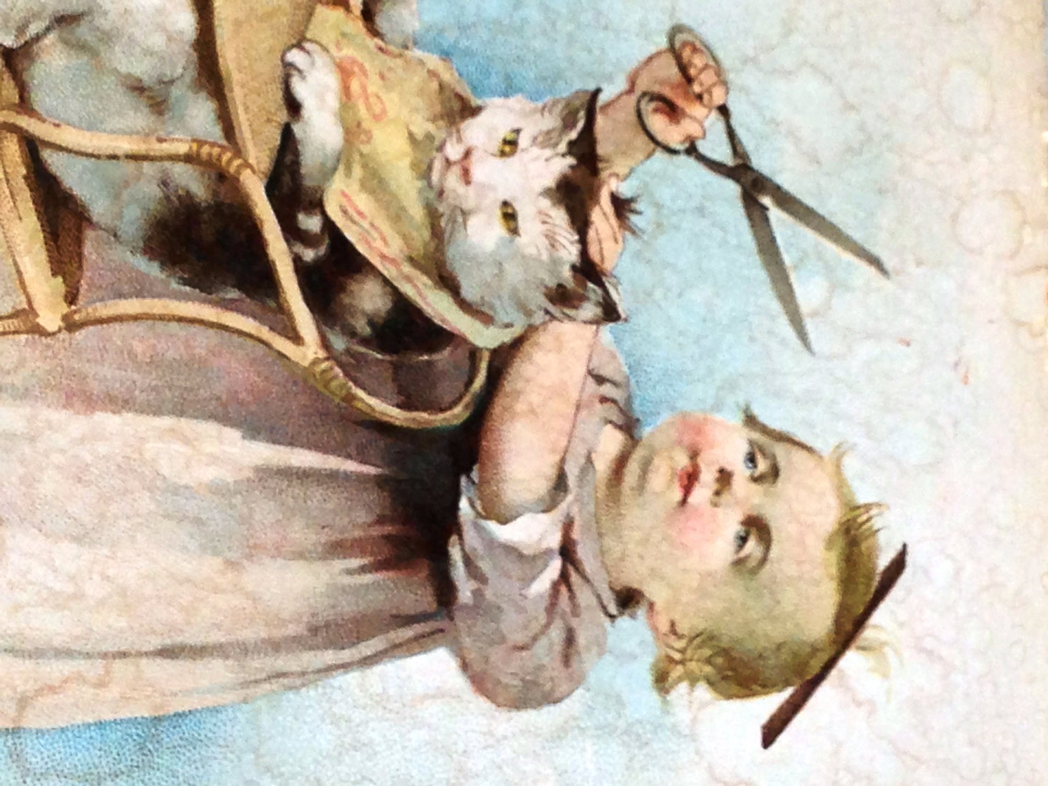 Vintage Painting Baby Barber With Cat in Highchair 1894 Paper Ephemera Antique Estate Sale