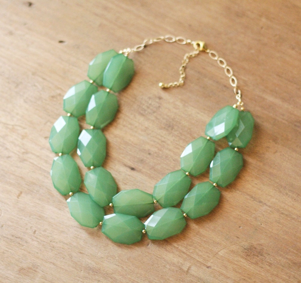 Sea Green Double Strand Layered Statement Necklace - Bib Necklace