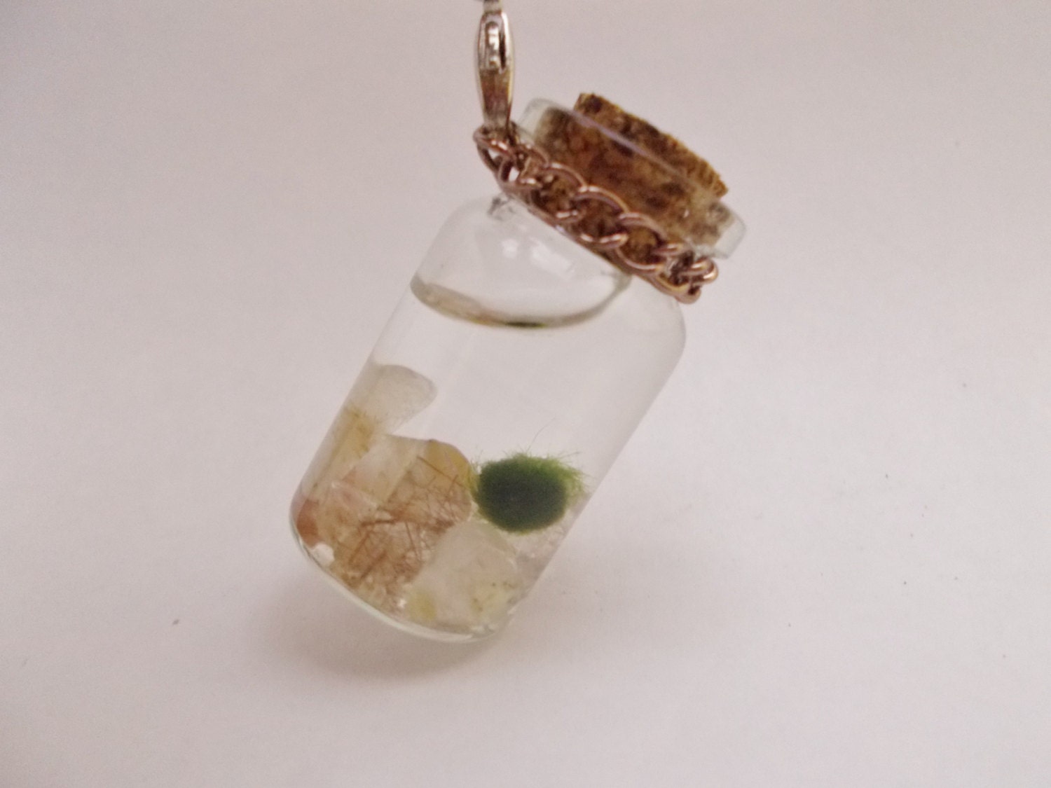 Marimo phone strap with Rutilated Quartz