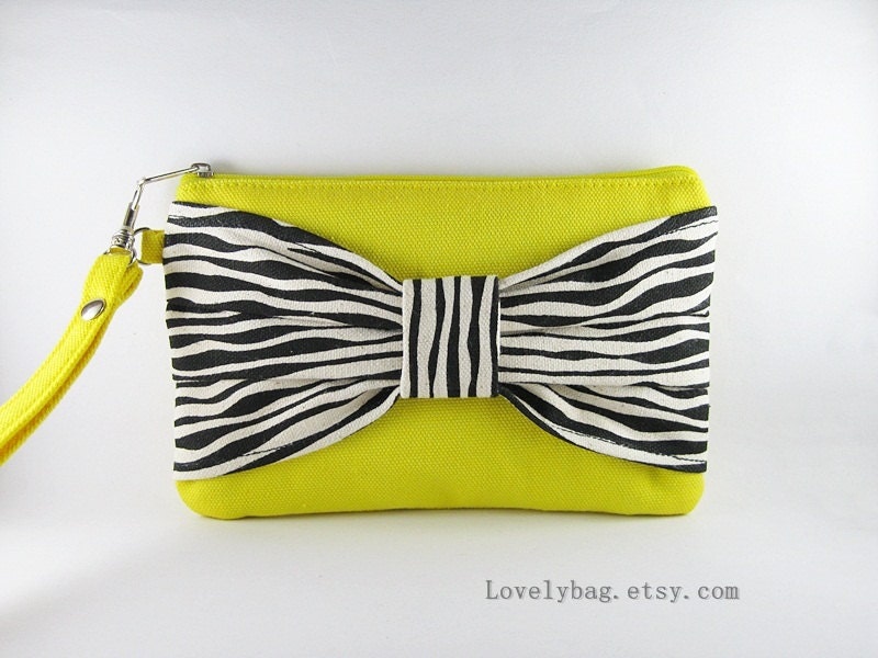 Zebra Print, Bow Clutch, Yellow Clutch, Bridesmaid Gift Bag, Wedding Gift, Cosmetic Bag, Make Up, Zipper Pouch, Zipper Wristlet