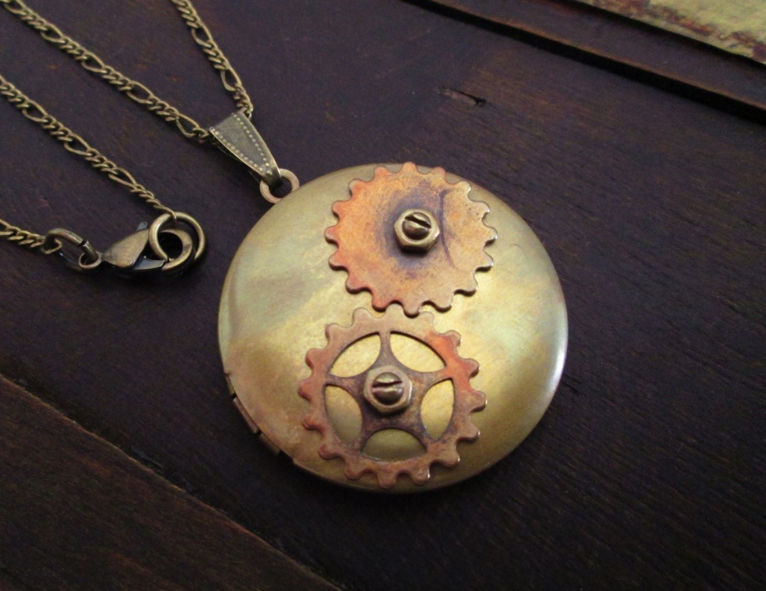Steampunk Jewelry - Necklace - Brass Gears Locket with Brass Nuts and Bolts