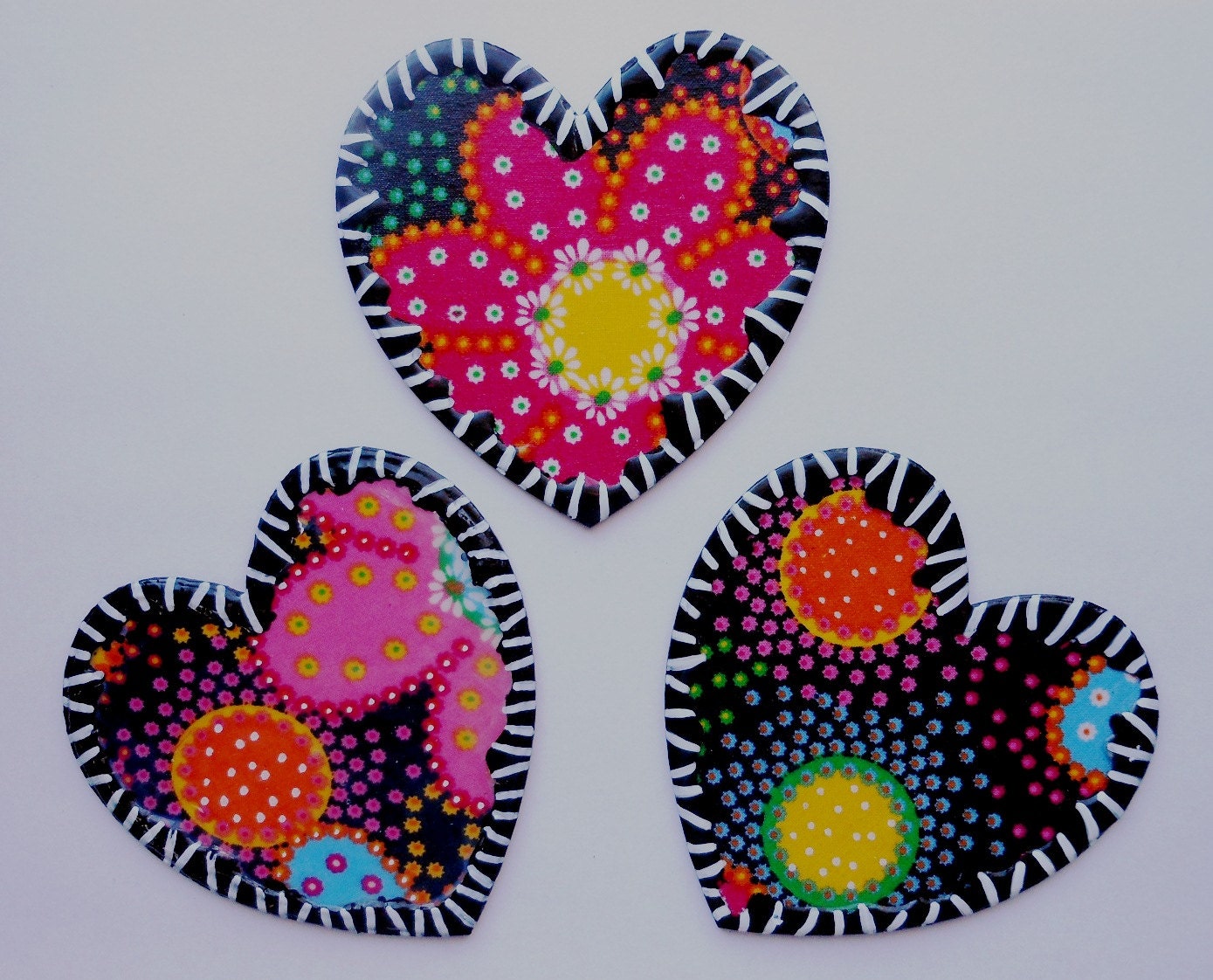 Lower right no longer available Hot pink bright colors material Valentines OOAK decoupaged hand painted heart