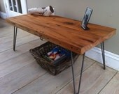 Modern industrial/mid century modern style coffee table featuring reclaimed sycamore barnwood top with hairpin legs, 18" x 40" or 20" x 44".