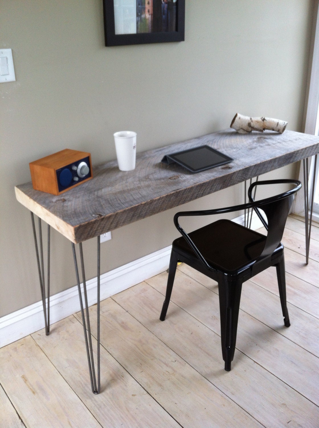 Weathered barnwood desk, modern rustic style featuring hairpin legs, 20" x 60".