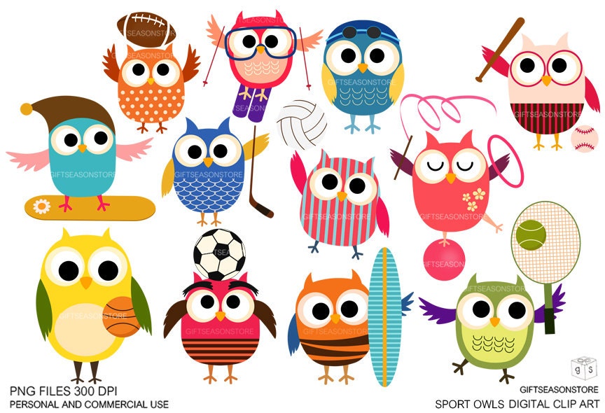 Sport owls Digital clip art for Personal and Commercial use - INSTANT DOWNLOAD